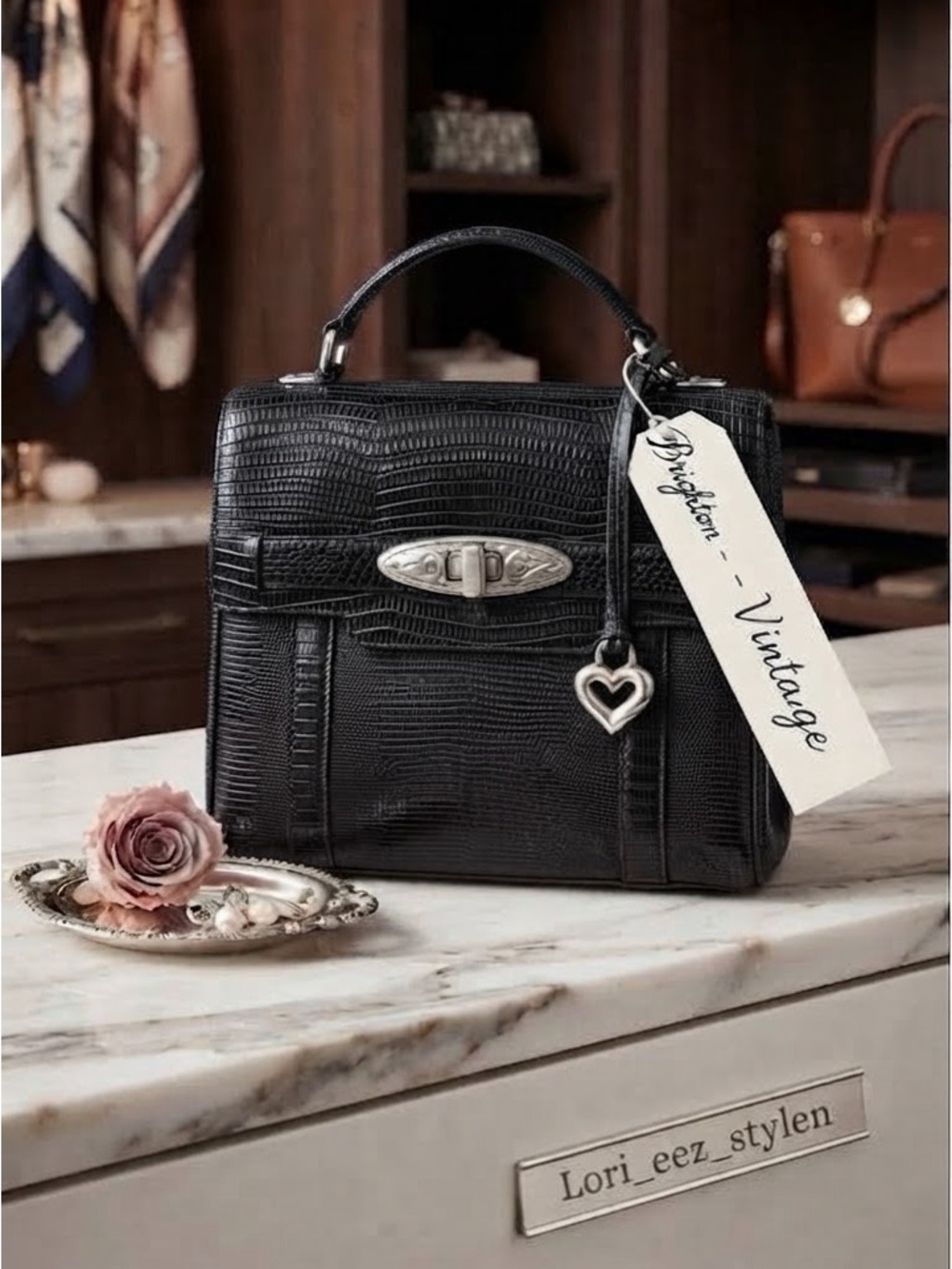 Y2K Era Vintage - Brighton Black Croc-Embossed Crossbody Top-Handle Bag